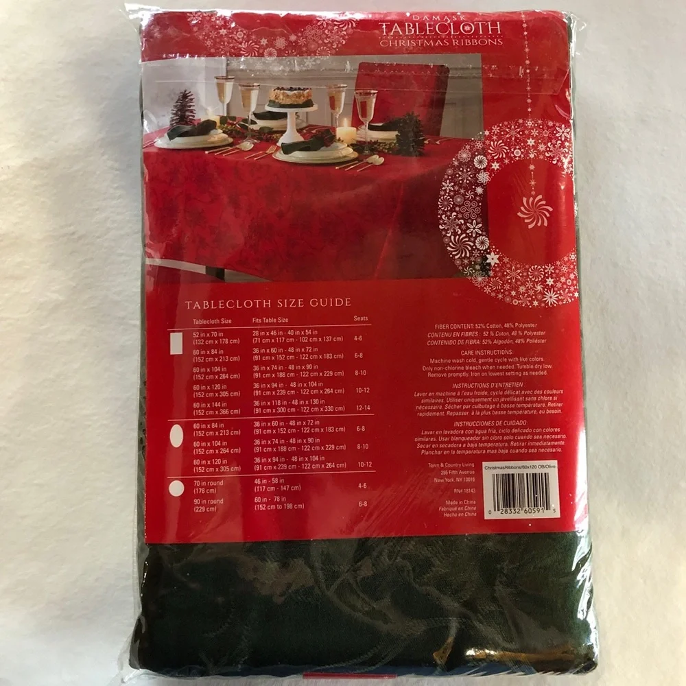 NWT Damask Tablecloth “Christmas Ribbons” Deep Olive Green 60”x120” Oblong New